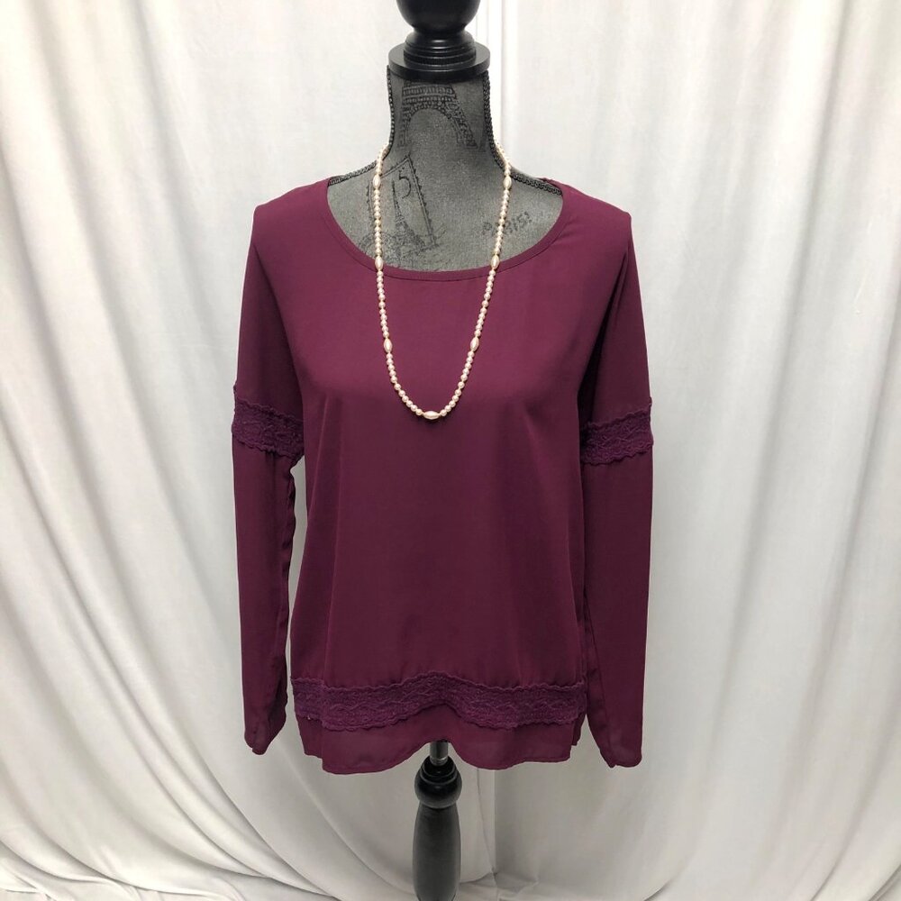 Xhilaration Top Womens Size Medium Burgundy Lace Inserts Long Sleeve Casual